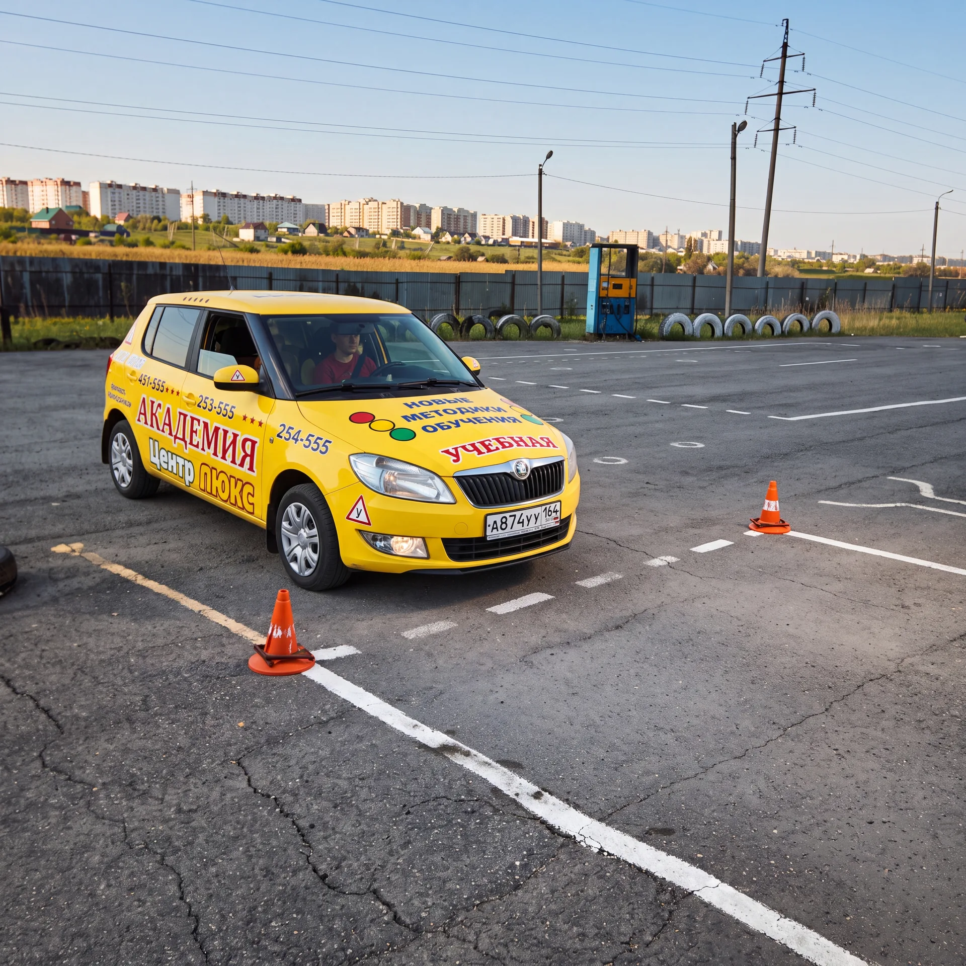 Фирменный учебный автомобиль выполняет упражнение между конусами на автодроме